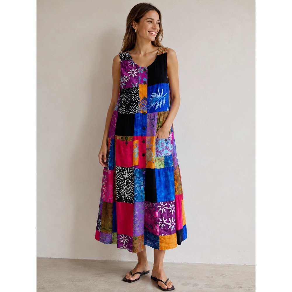 Go Fish Patchwork Maxi Dress Medium Multicolor Boho Batik Summer Festival